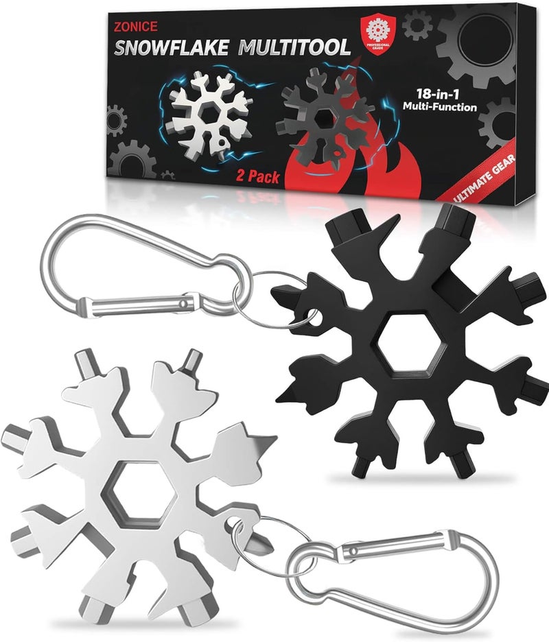 ZONICE 18-in-1 Snowflake Multi Tool – Stainless Steel with Bottle Opener & Wrench,Compact EDC Tool for Camping,Fishing,Hiking, Stocking Stuffers,Gifts for Men,Dad,Husband (Silver + Black) - Image 1